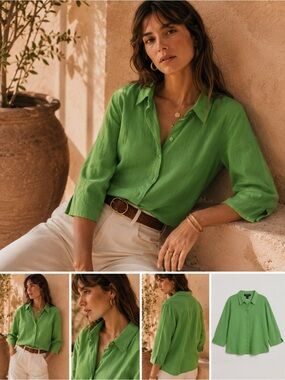 Linen Blouse Green Button-Front Sag Harbor 18